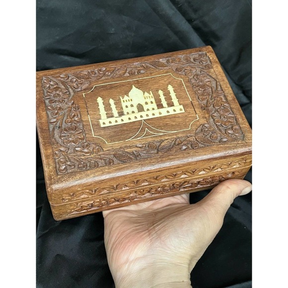 Hand Carved Wooden Box Taj Mahal Inlay Made In India By Archana Handicrafts 7" - Picture 2 of 11